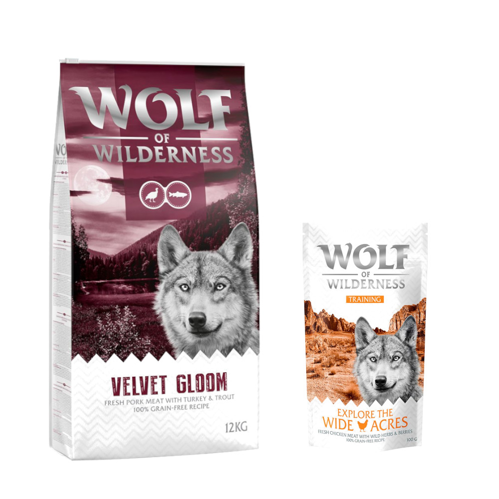 Wolf of Wilderness 12 kg  + Training Explore Snack gratis! - Velvet Gloom - Kalkoen & Forel - Graanvrij (12 kg) + Explore the Wide Acres Kip (100 g)