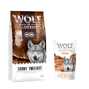 Wolf of Wilderness 12 kg  + Training Explore Snack gratis! - Ebony Twilight - Wild Zwijn & Buffel - Graanvrij (12 kg) + Explore the Wide Acres Kip (100 g)