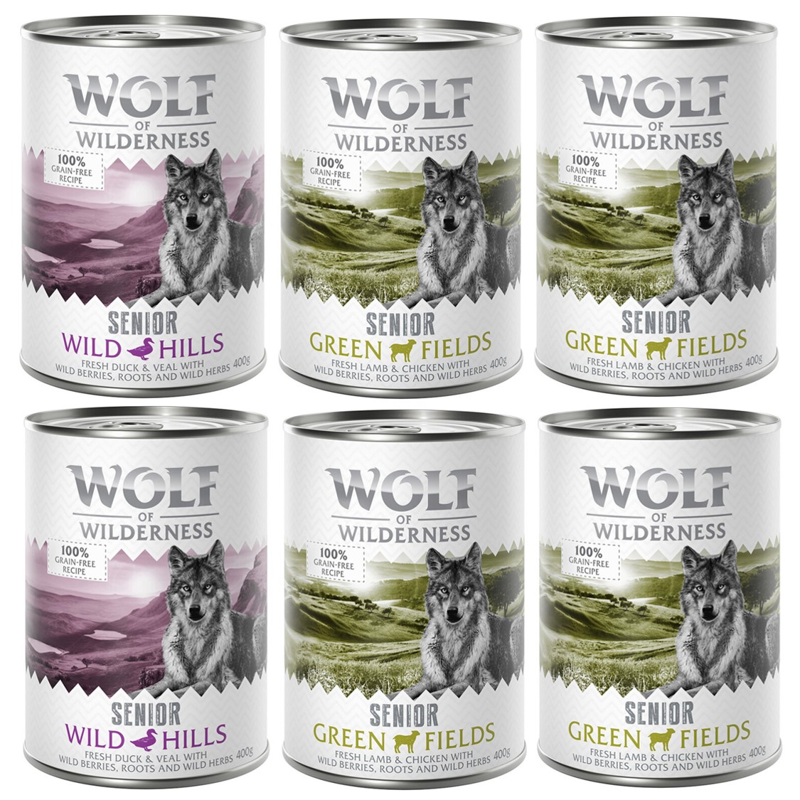 Wolf of Wilderness 6 x 400 g  Lam & Kip, Eend & Kalf Honden Natvoer
