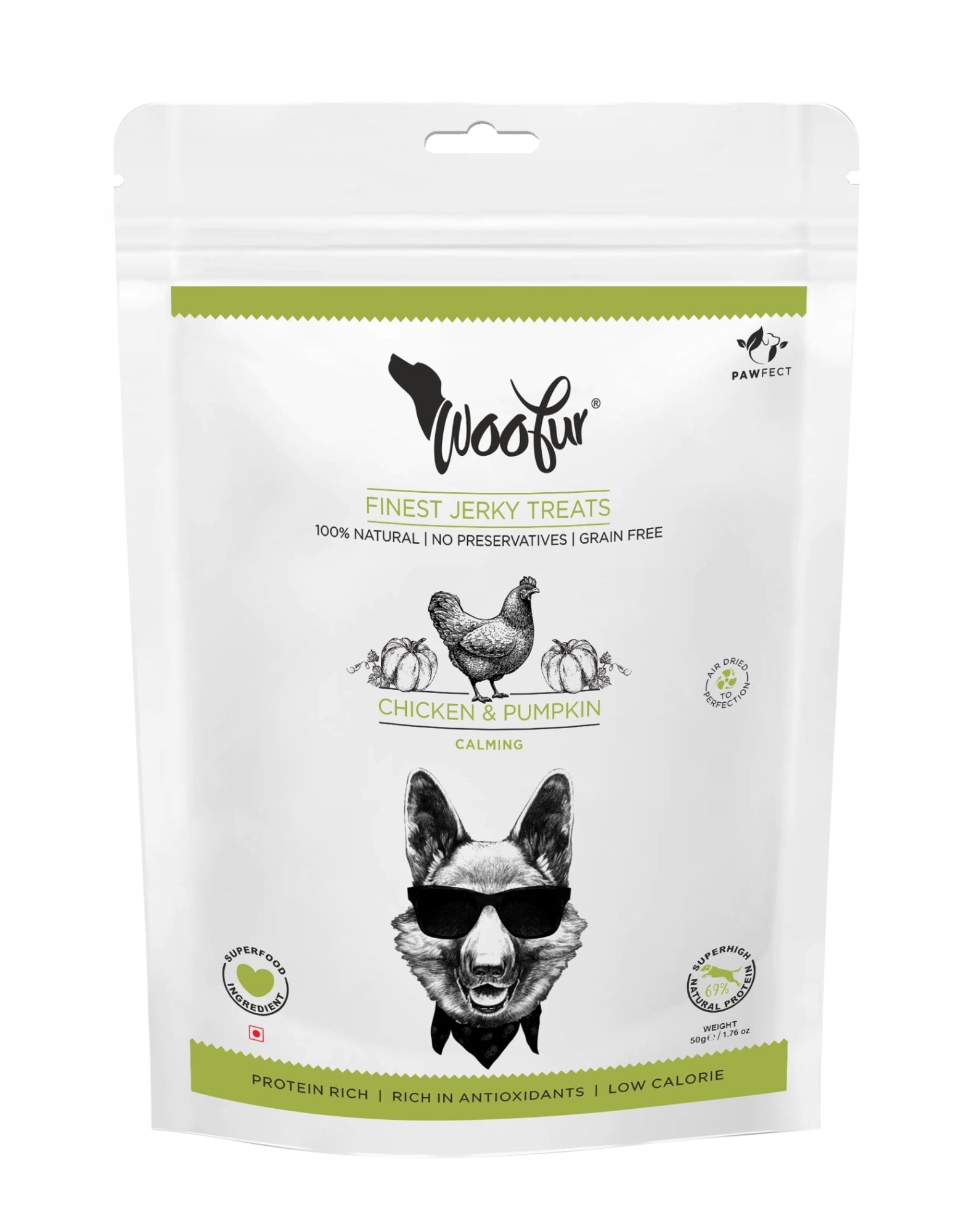 Pawfect Woofur luchtgedroogde hondensnacks Kip met Pompoen 50 gr.