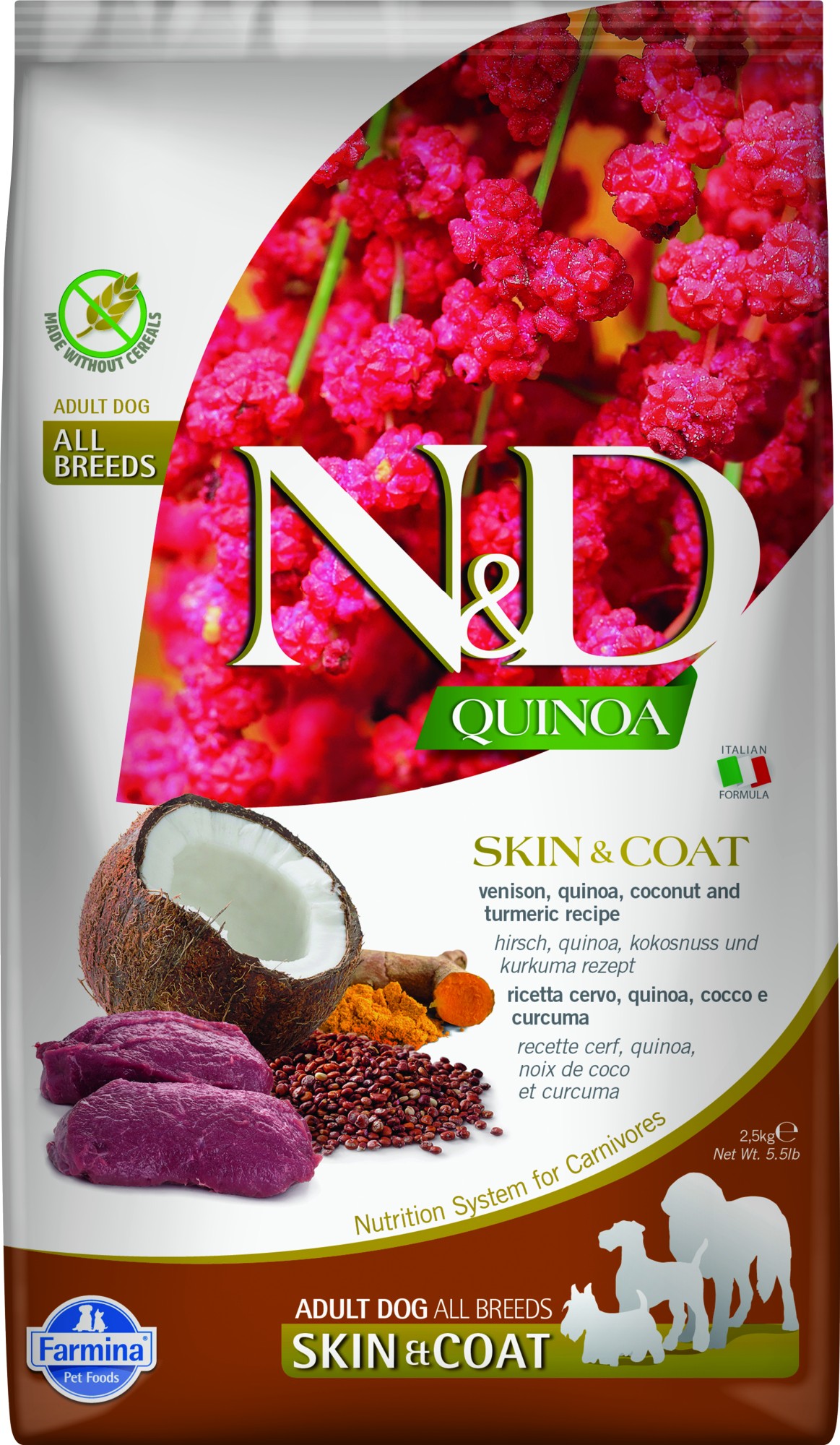 N&D Quinoa hondenvoeding Skin&Coat medium/maxi Hert 2,5 kg