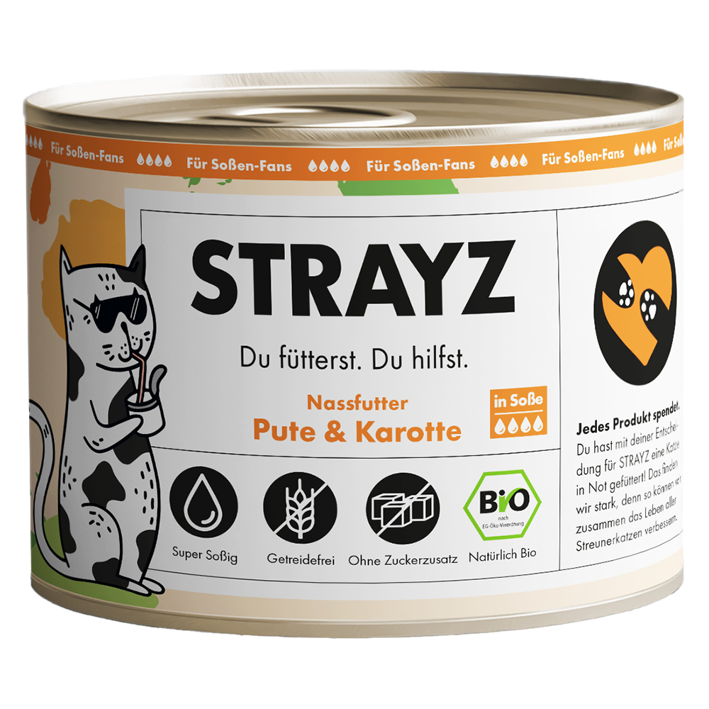 STRAYZ 6x200g  BIO cat biologische kalkoen & biologische wortel in jus natvoer voor katten