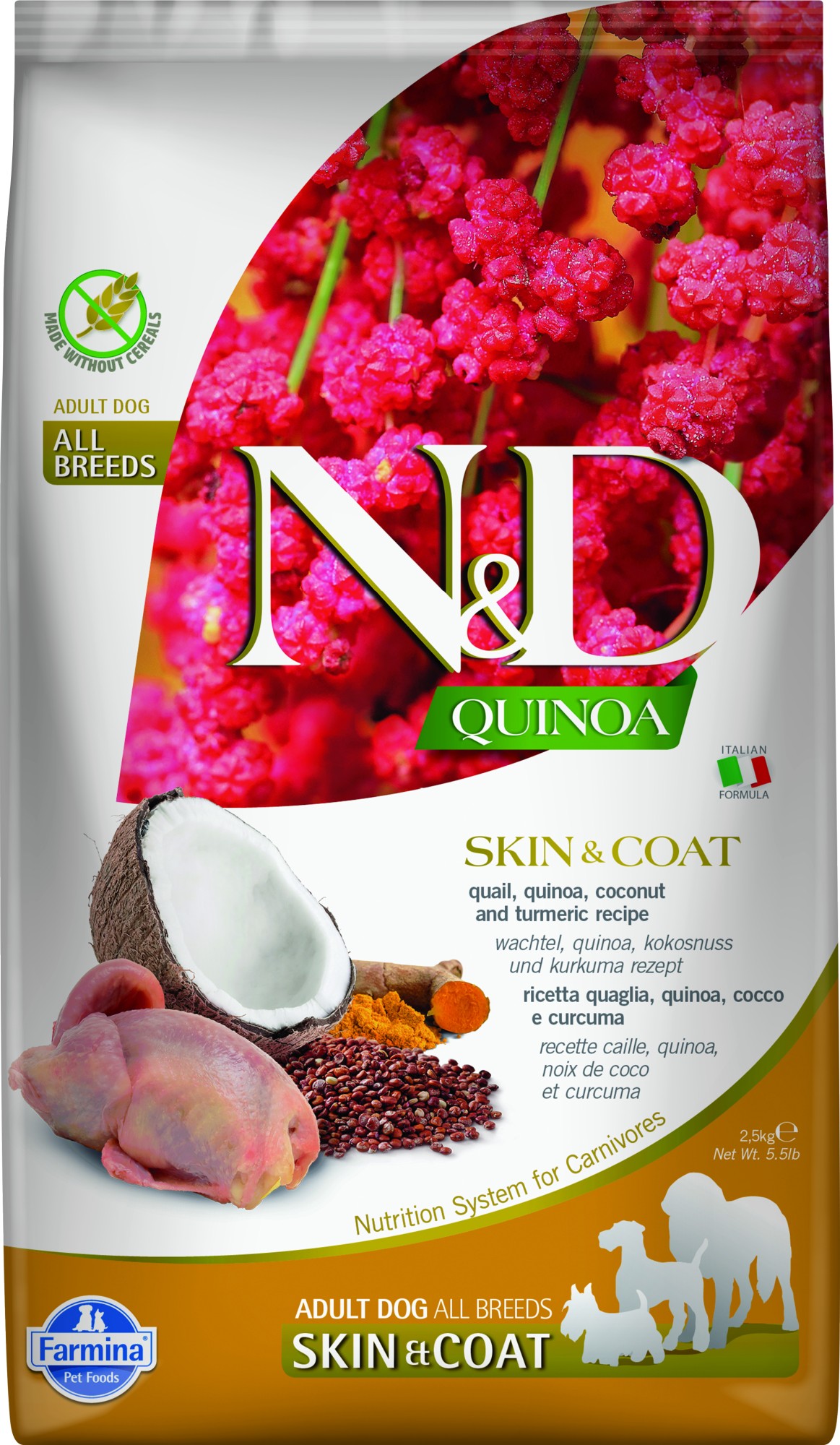 N&D Quinoa hondenvoeding Skin&Coat medium/maxi Kwartel 2,5 kg