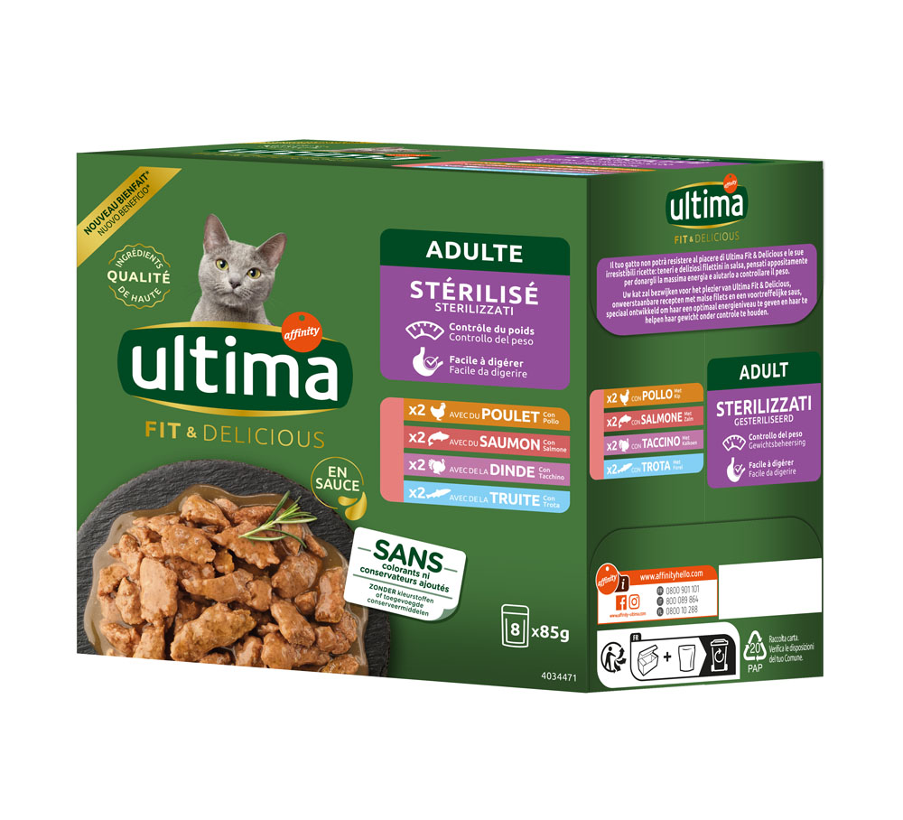 Affinity Ultima 48x 85g Ultima Sterilized Mix I (Kip, Kalkoen, Zalm, Forel) Kattenvoer nat