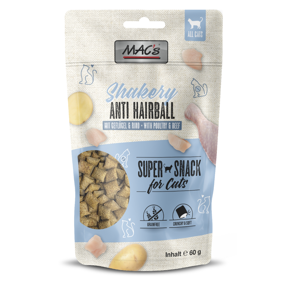 MAC's 60g  Cat Shakery Snack Anti-haarbal met kip & rundvlees