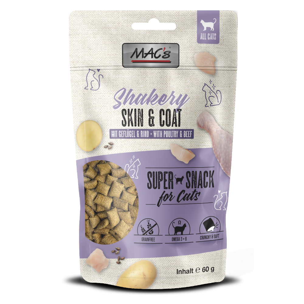 MAC's 60g  Cat Shakery Snack Huid & Vacht met kip en rundvlees