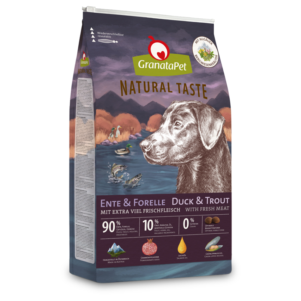 Granatapet 12kg Natural Taste Eend & Forel  Droog Hondenvoer