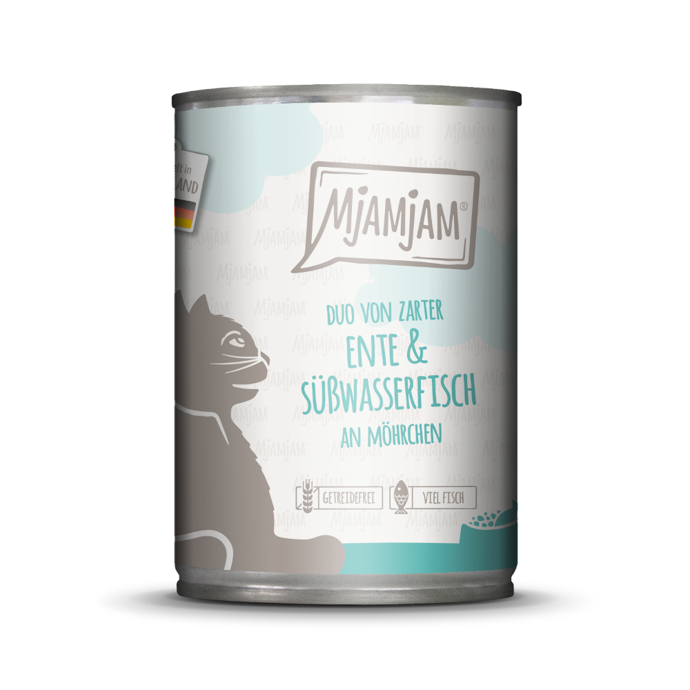 MjAMjAM 6x400g  Duo malse eend & zoetwatervis met wortelen nat kattenvoer