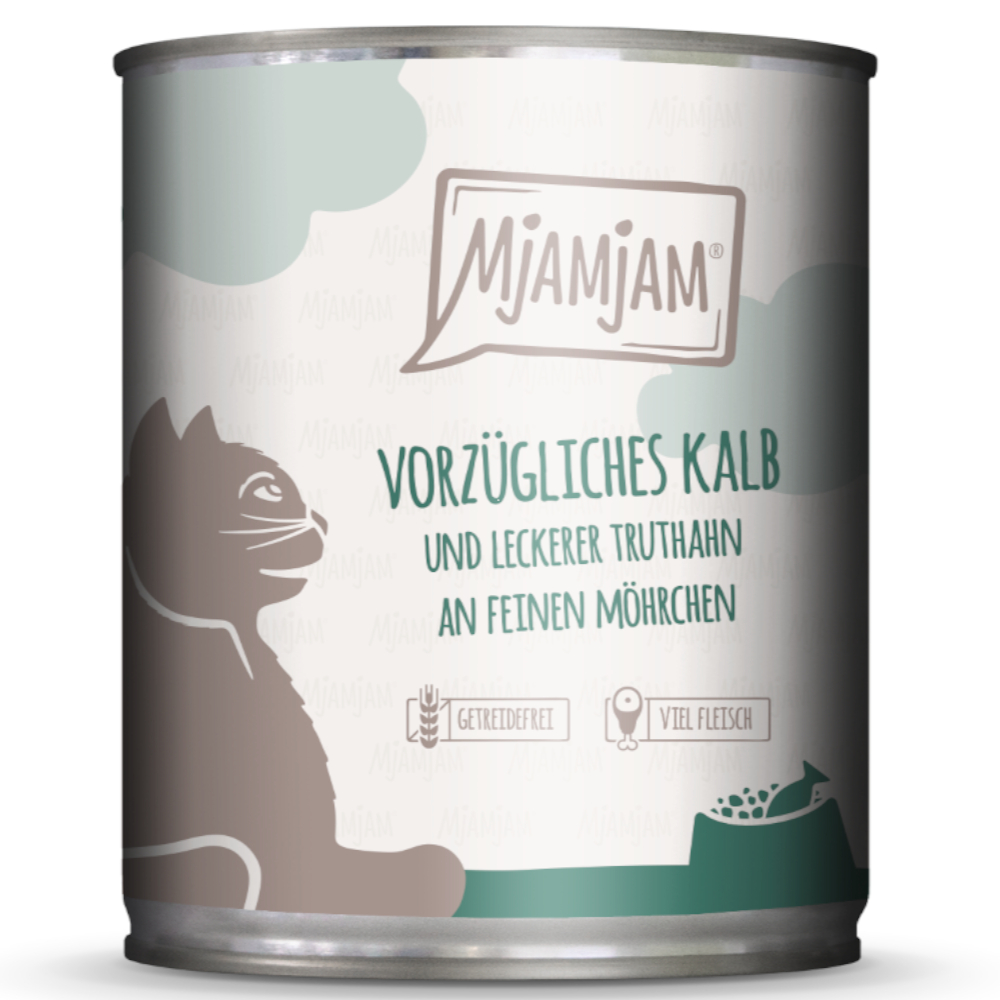 MjAMjAM 6 x 800 g Kattenvoer - uitstekend kalfsvlees en heerlijke kalkoen op fijne wortelen