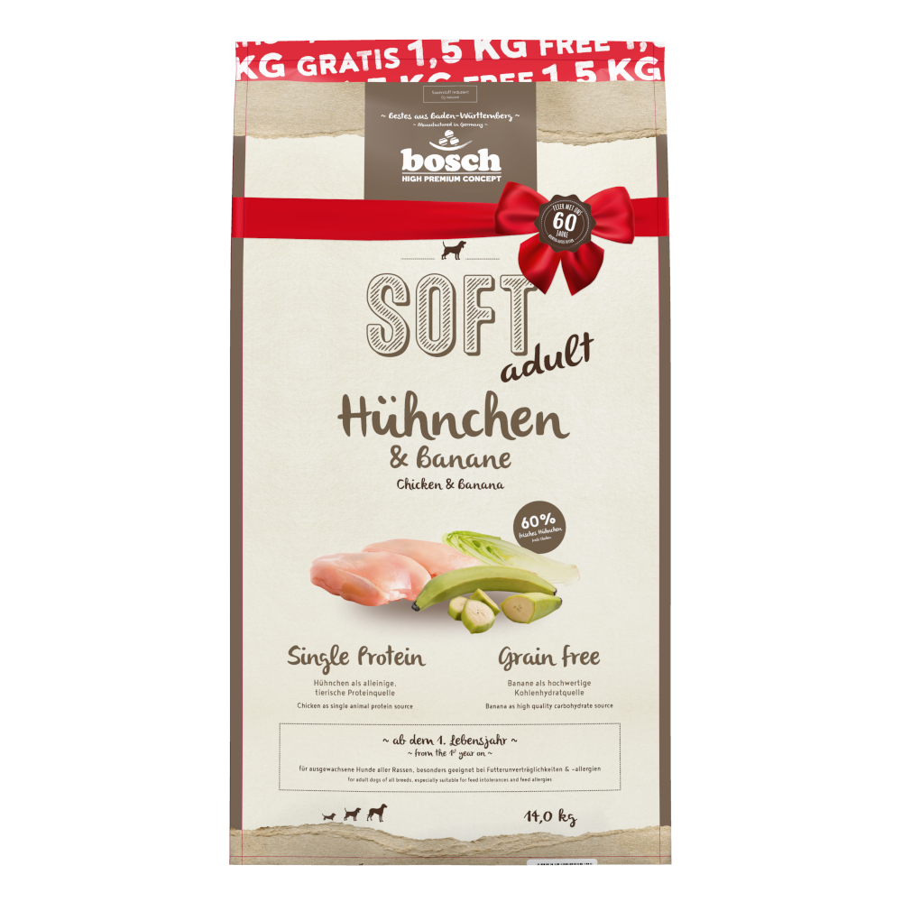 Bosch HPC Soft 12,5 kg + 1,5 kg gratis! Bosch 14 kg droogvoer - Soft Kip & banaan