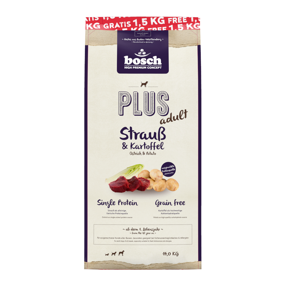 Bosch HPC Plus 12,5 kg + 1,5 kg gratis! Bosch 14 kg droogvoer - Plus Struisvogel & Aardappel