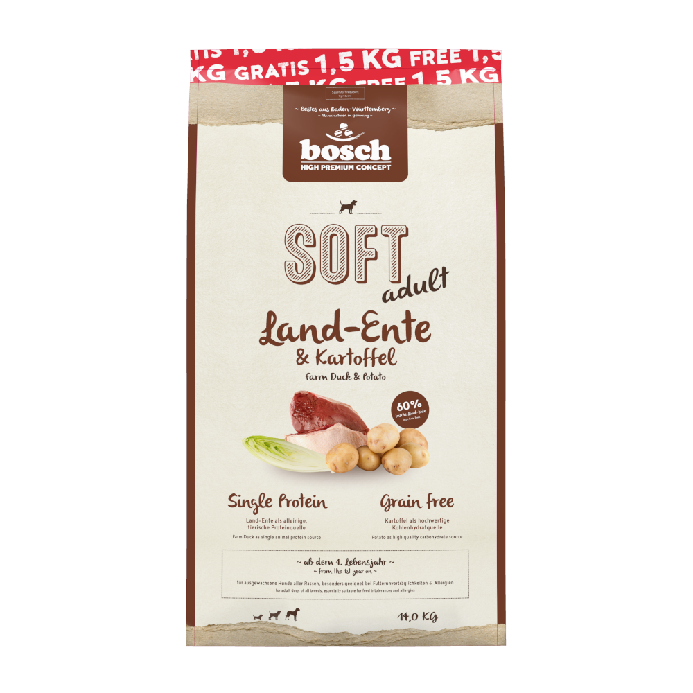 Bosch HPC Soft 12,5 kg + 1,5 kg gratis! Bosch 14 kg droogvoer - Soft Landeend & aardappel