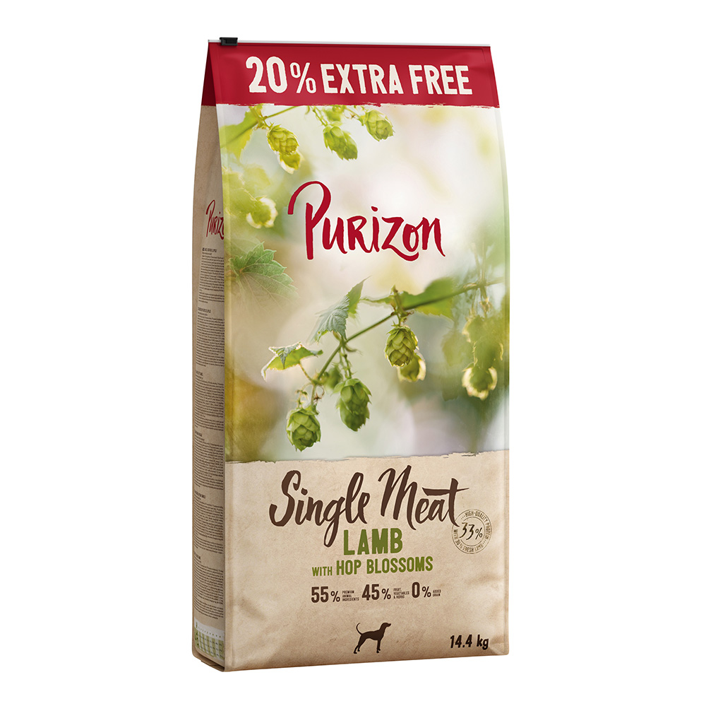 Purizon 12 kg + 20% gratis! 14,4 kg  Droogvoer - Graanvrij - Single Meat Lam met Hopbloesems