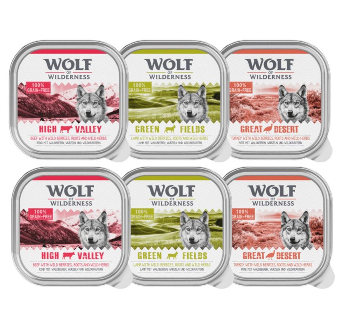 Wolf of Wilderness 10% korting!  Mixpakketten - 6 x 300g Mixpakket: Rund, Kalkoen, Lam