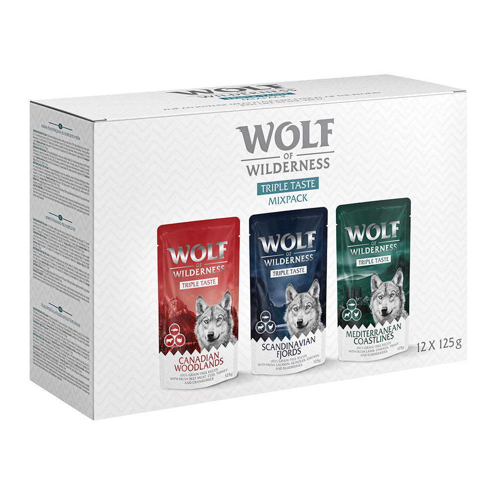 Wolf of Wilderness 10% korting!  Mixpakketten - 12 x 125 g (Pouch): Canadian, Scandinavian, Mediterranean