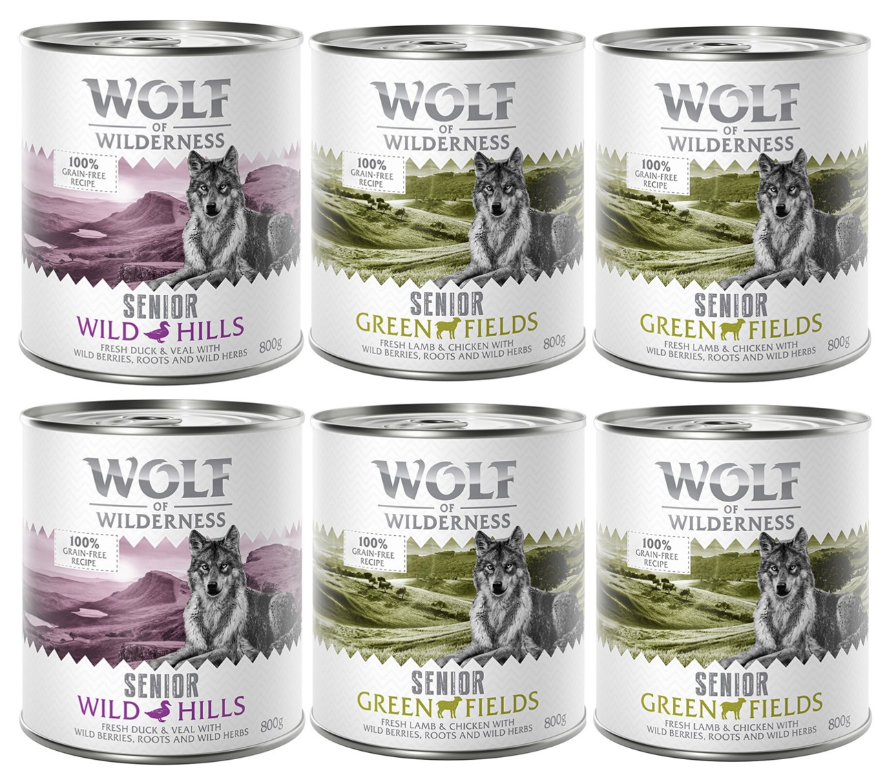 Wolf of Wilderness 10% korting!  Mixpakketten - 6 x 800 g: Senior Lam & kip, eend & kalfsvlees