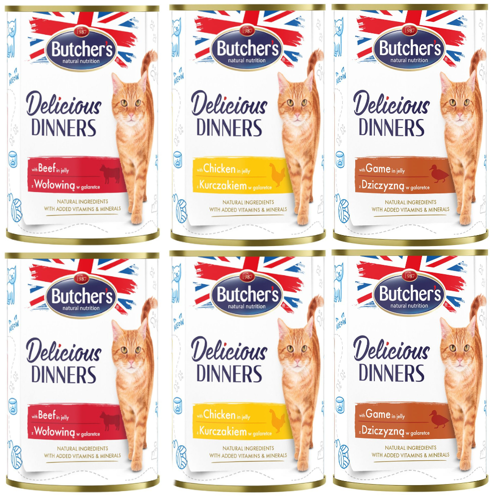 Butcher's 6x 400g  Delicious Dinners 3 smaken (rund, kip & wild) natvoer voor katten