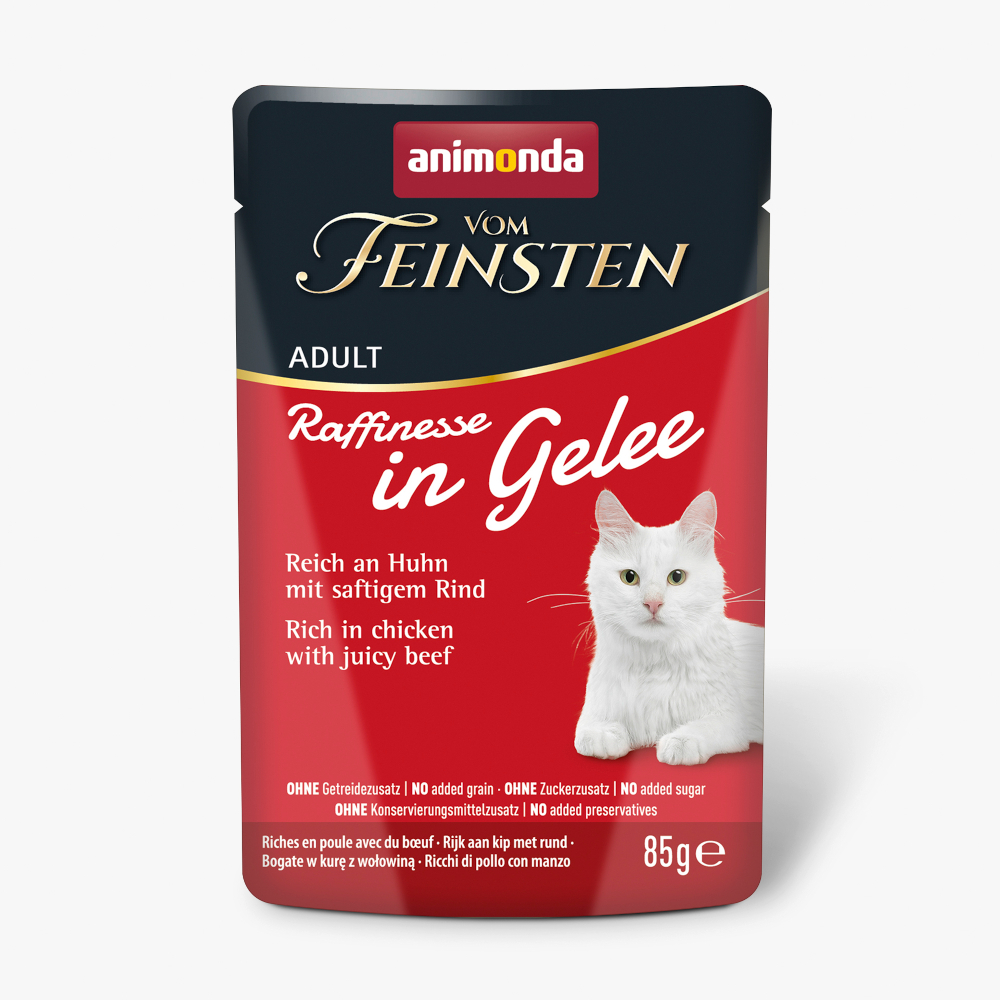 Animonda Vom Feinsten 24x85g  Adult Raffinesse in gelei rijk aan kip met rund natvoer voor katten