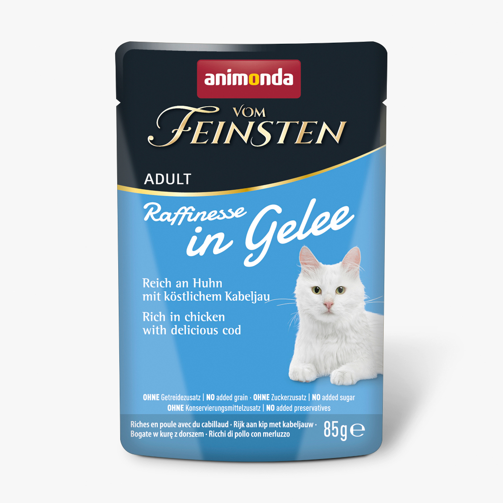 Animonda Vom Feinsten 24x85g  Adult Raffinesse in gelei rijk aan kip met kabeljauw natvoer voor katten