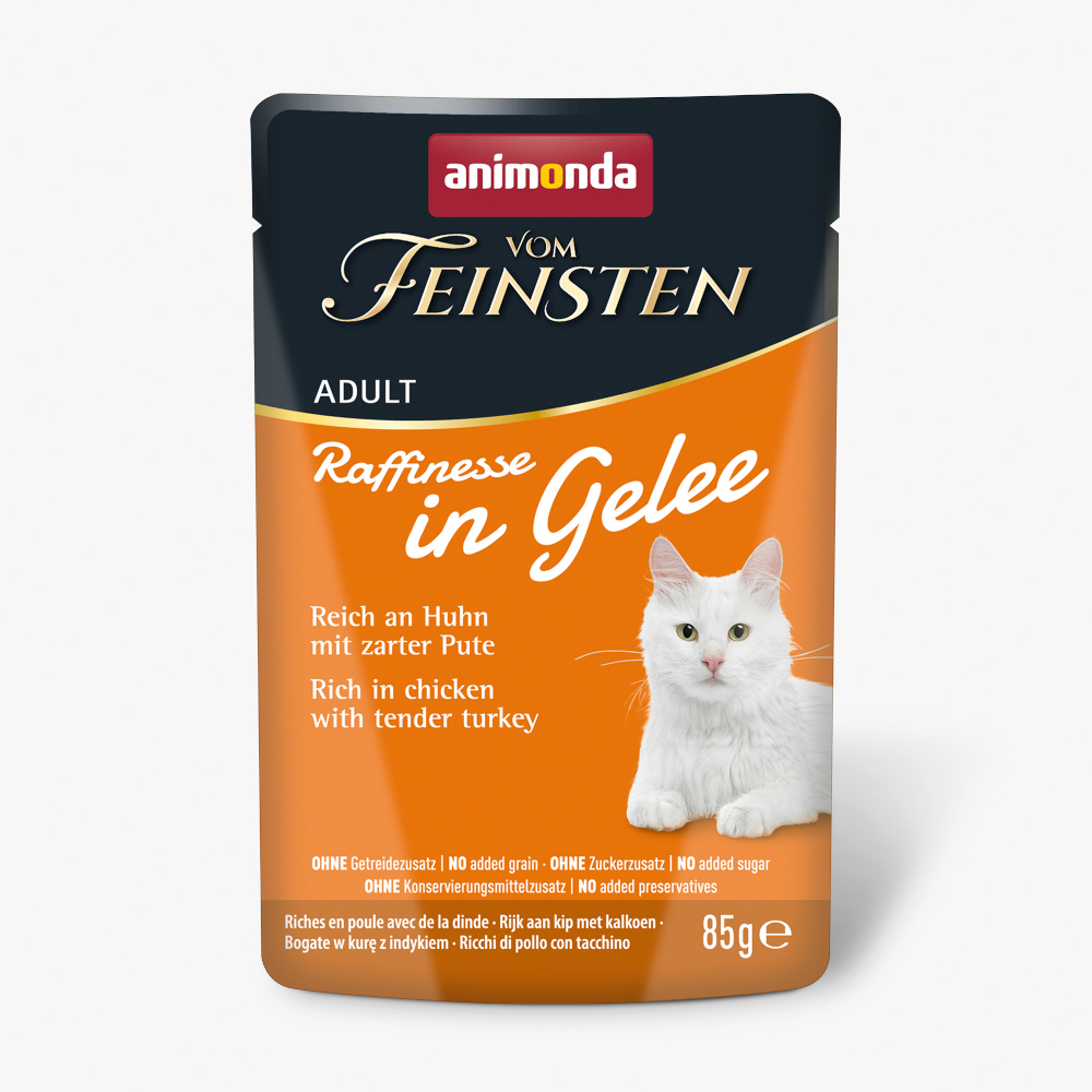 Animonda Vom Feinsten 24x85g  Adult Raffinesse in gelei rijk aan kip met kalkoen natvoer voor katten