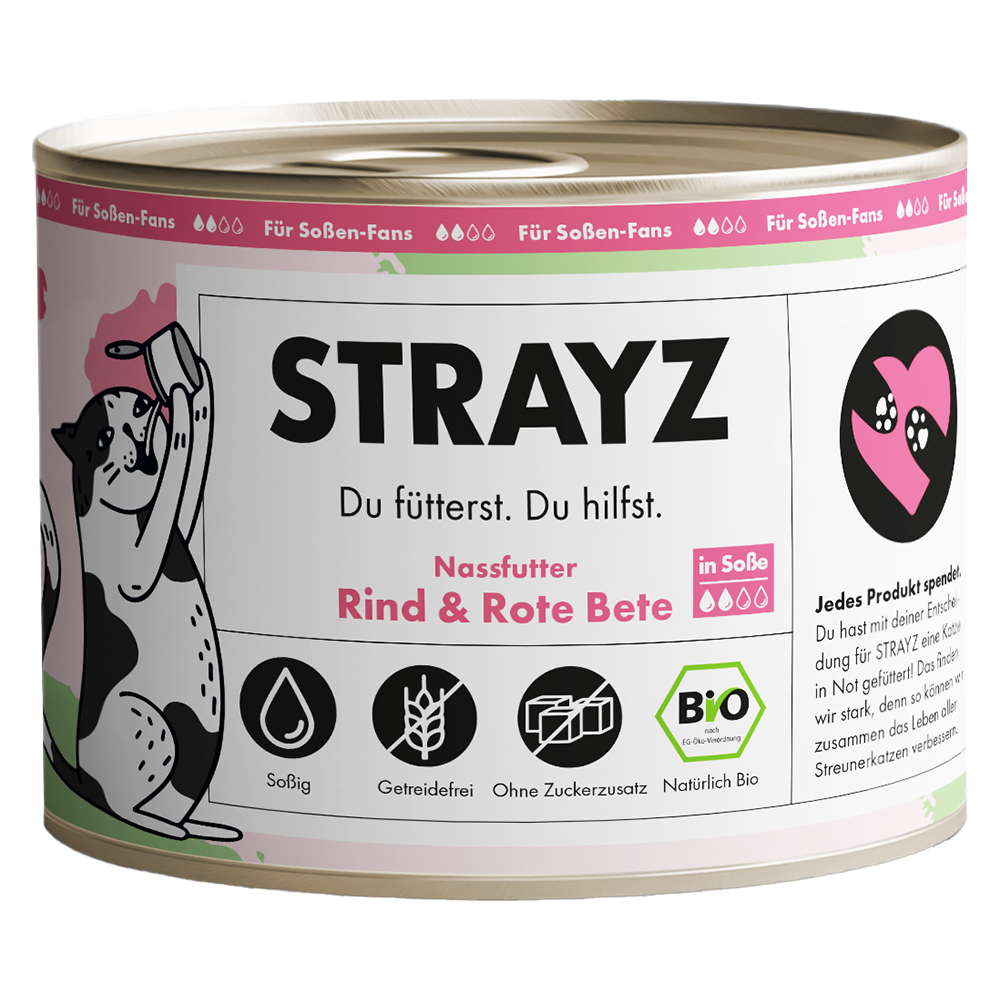 STRAYZ 6x200g  BIO cat biologisch rundvlees & biologische rode biet in saus natvoer voor katten