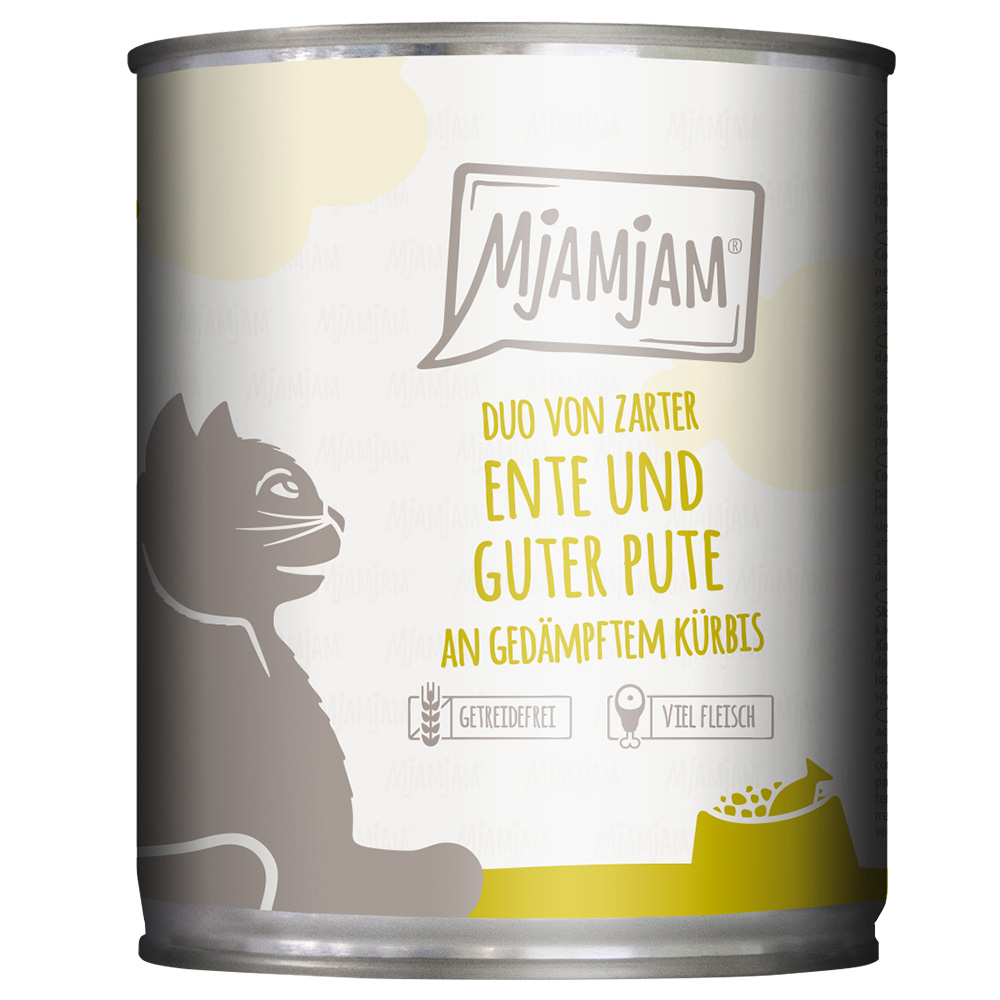 MjAMjAM 6x 800g  Duo malse eend & goede kalkoen op gestoomde pompoen nat kattenvoer