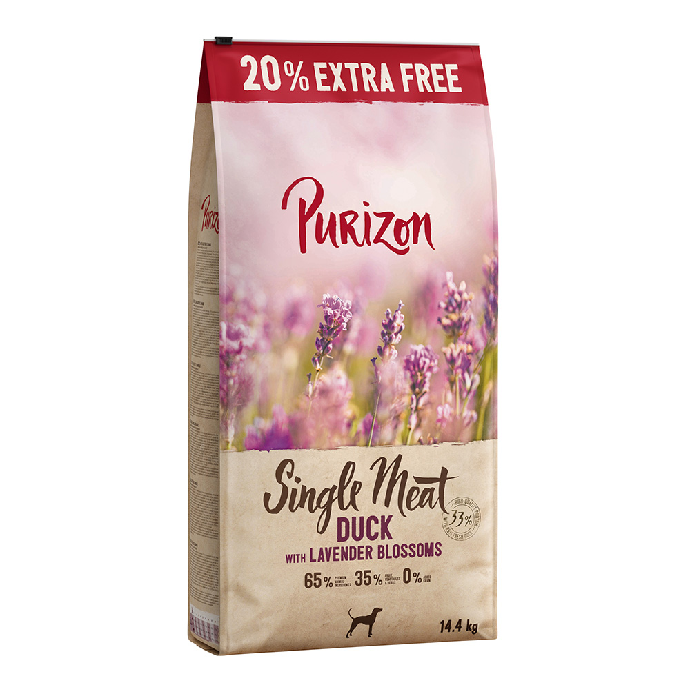 Purizon 12 kg + 20% gratis! 14,4 kg  Droogvoer - Graanvrij - Single Meat Eend met Lavendelbloemen