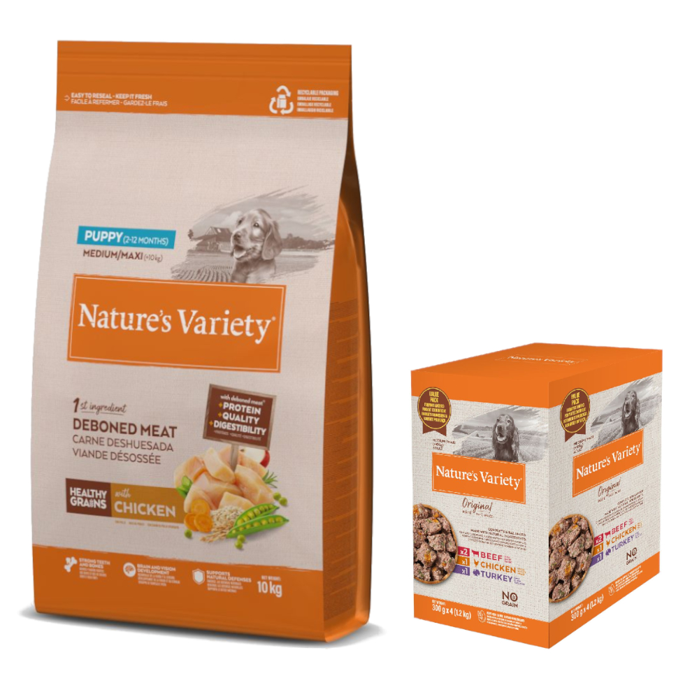 Nature’s Variety Nature's Variety Dog Droogvoer + gratis natvoer! - Healthy Grains Puppy Medium/Maxi Kip (12kg) + Original Paté No Grain Medium/Maxi Adult Hondenvoer (Mix (Rund, Kip, Kalkoen) (4 x 300g)