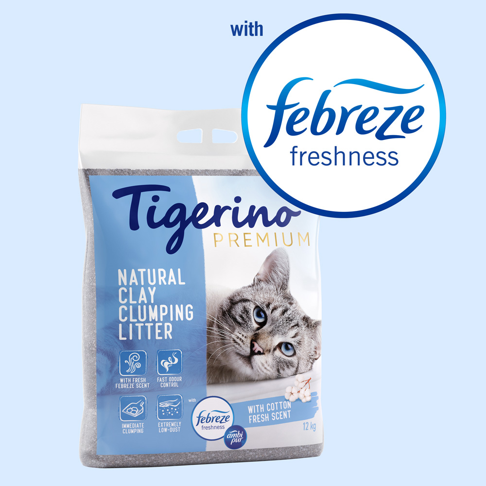 Tigerino 12kg  Premium Febreze/Ambi Pur Freshness Frisse Katoenbloesem geur Kattenbakvulling