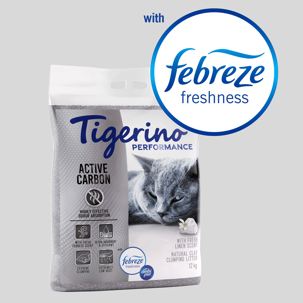 Tigerino 12kg  Performance Active Carbon Febreze/Ambi Pur Freshness geur van Fris Wasgoed Kattenbakvulling