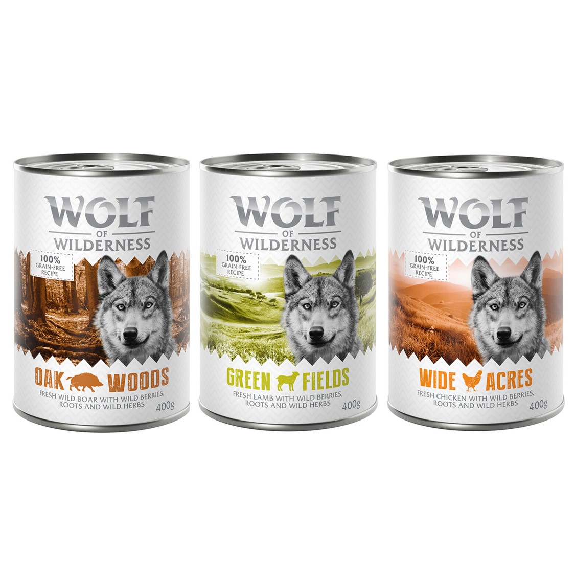 Wolf of Wilderness 10% korting!  Mixpakketten - 6 x 400 g: Wild zwijn, kip, lam