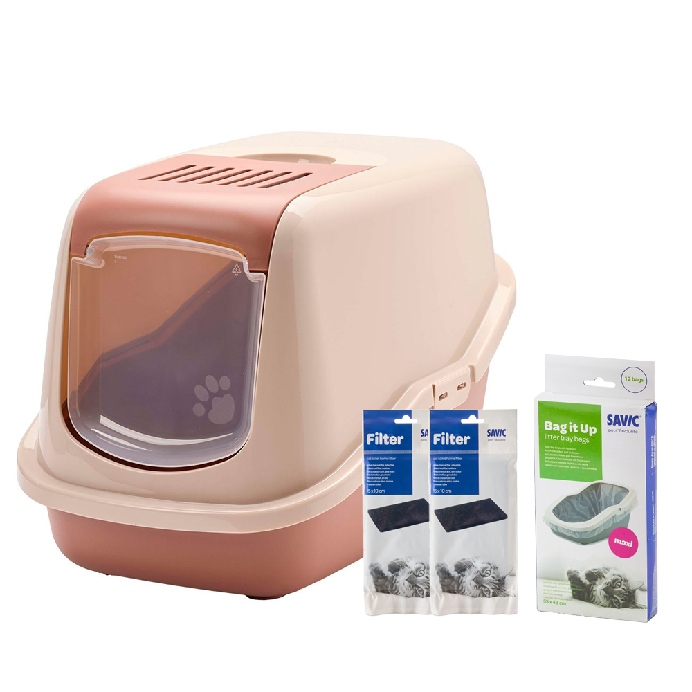 Savic Kattenbak Nestor - Startset: toilet champagne roze/ toscane rood + 2 filters + 12 zakken
