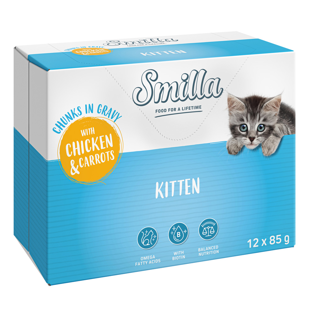 12x85g Smilla verse zakjes Kitten Hapjes in saus Kip en Wortelen met groenten
