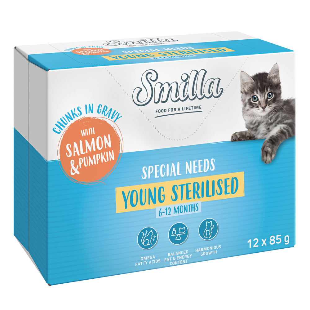 24x85g Smilla Verse Zakjes Young Sterilised Hapjes in Saus Zalm en Pompoen met Groenten