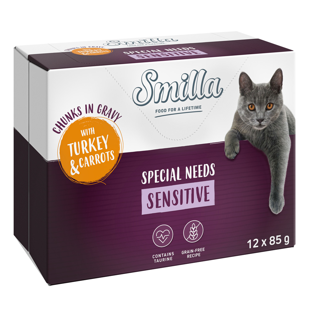 12x85g Smilla Verse Zakjes Adult Sensitive Hapjes in Saus Kalkoen en Wortelen met Groenten