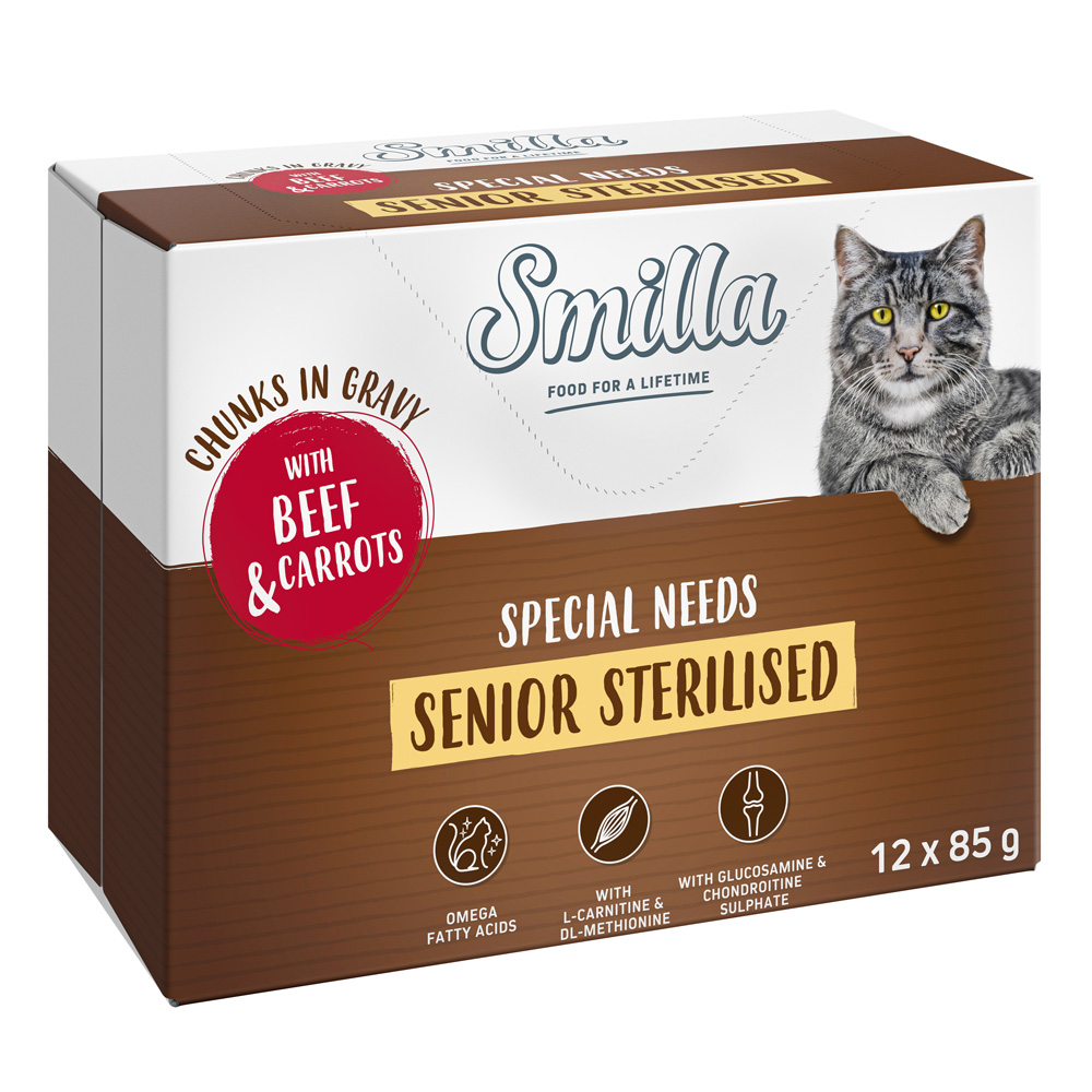 12x85g Smilla verse zakjes Senior Sterilised Hapjes in Saus Rundvlees en Wortelenmet Groenten