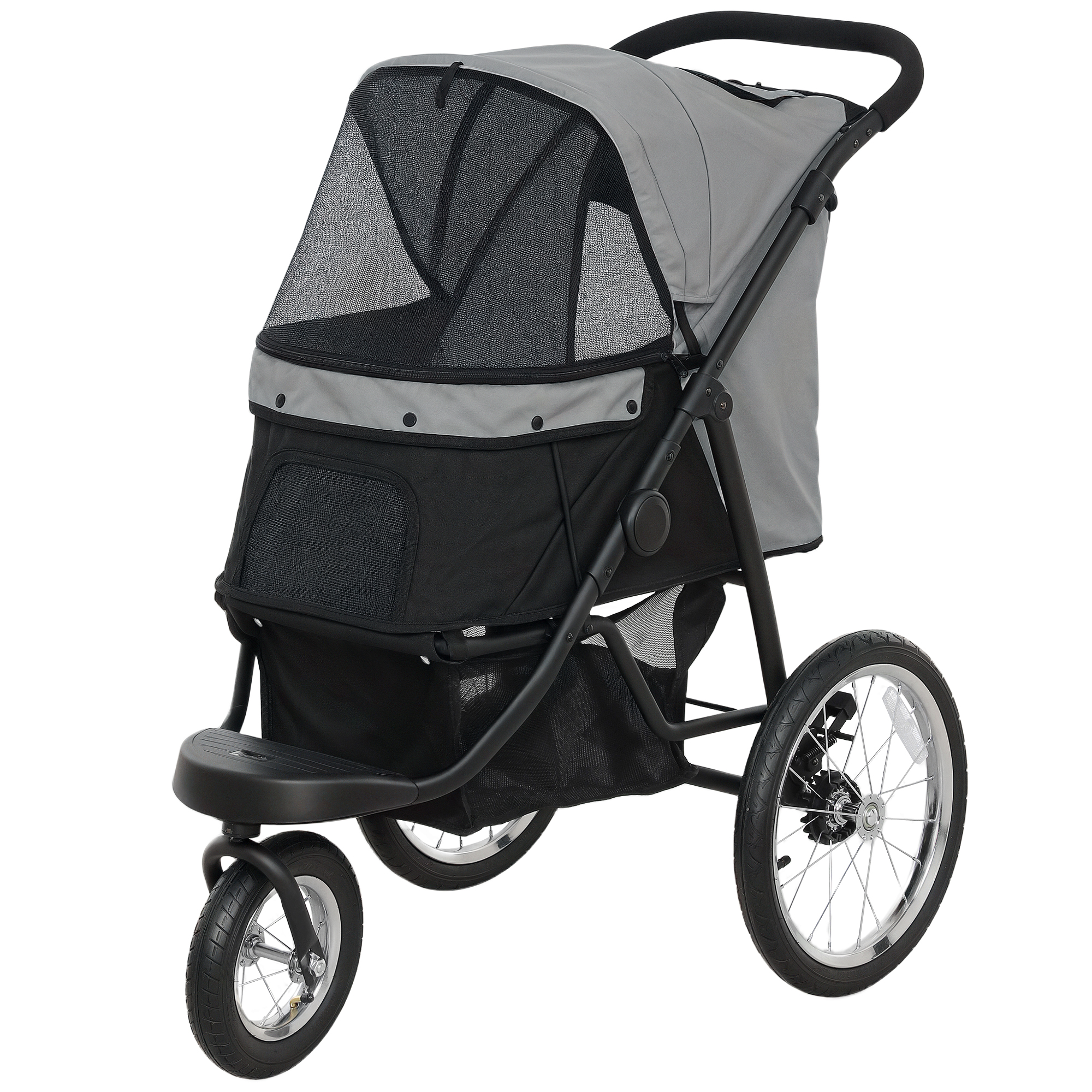 PawHut Hondenbuggy - Huisdierenwagen voor Kleine Honden en Katten, Met Opbergmand, Klikmechanisme voor Inklappen, Grijs