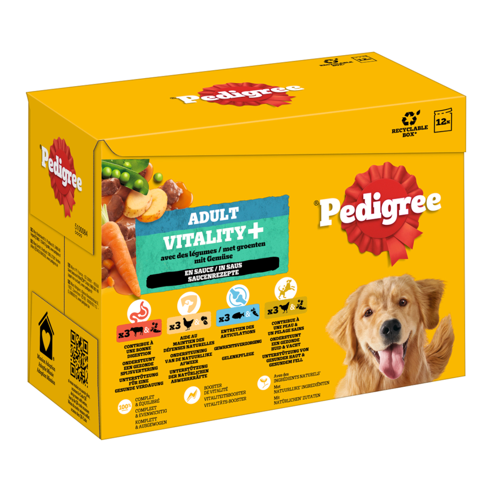Pedigree 12x85g  Adult vers zakjes voor honden Vitality+ 4 soorten in saus nat hondenvoer