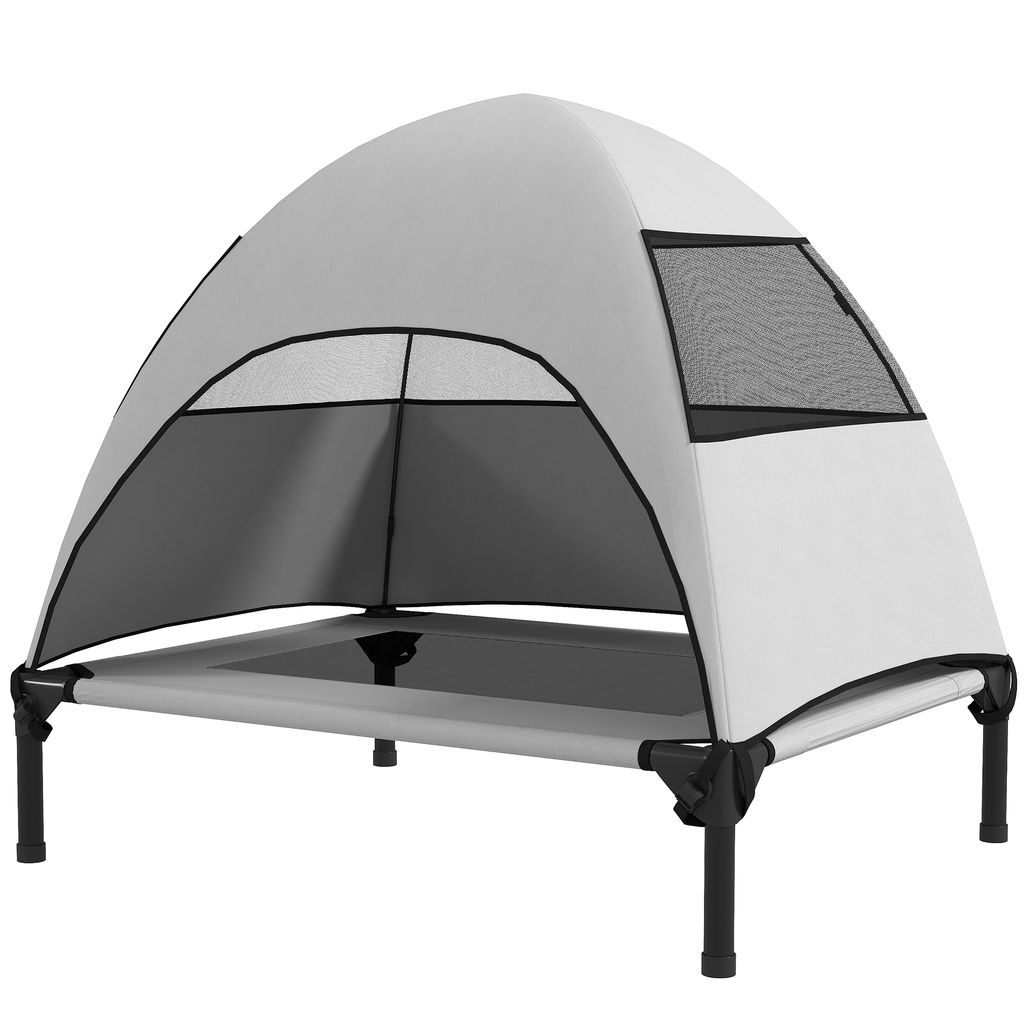 PawHut Outdoor Hondenbed met Dak, Verhoogd Hondenbed voor Middelgrote Honden, 76 x 61 x 71cm, Lichtgrijs