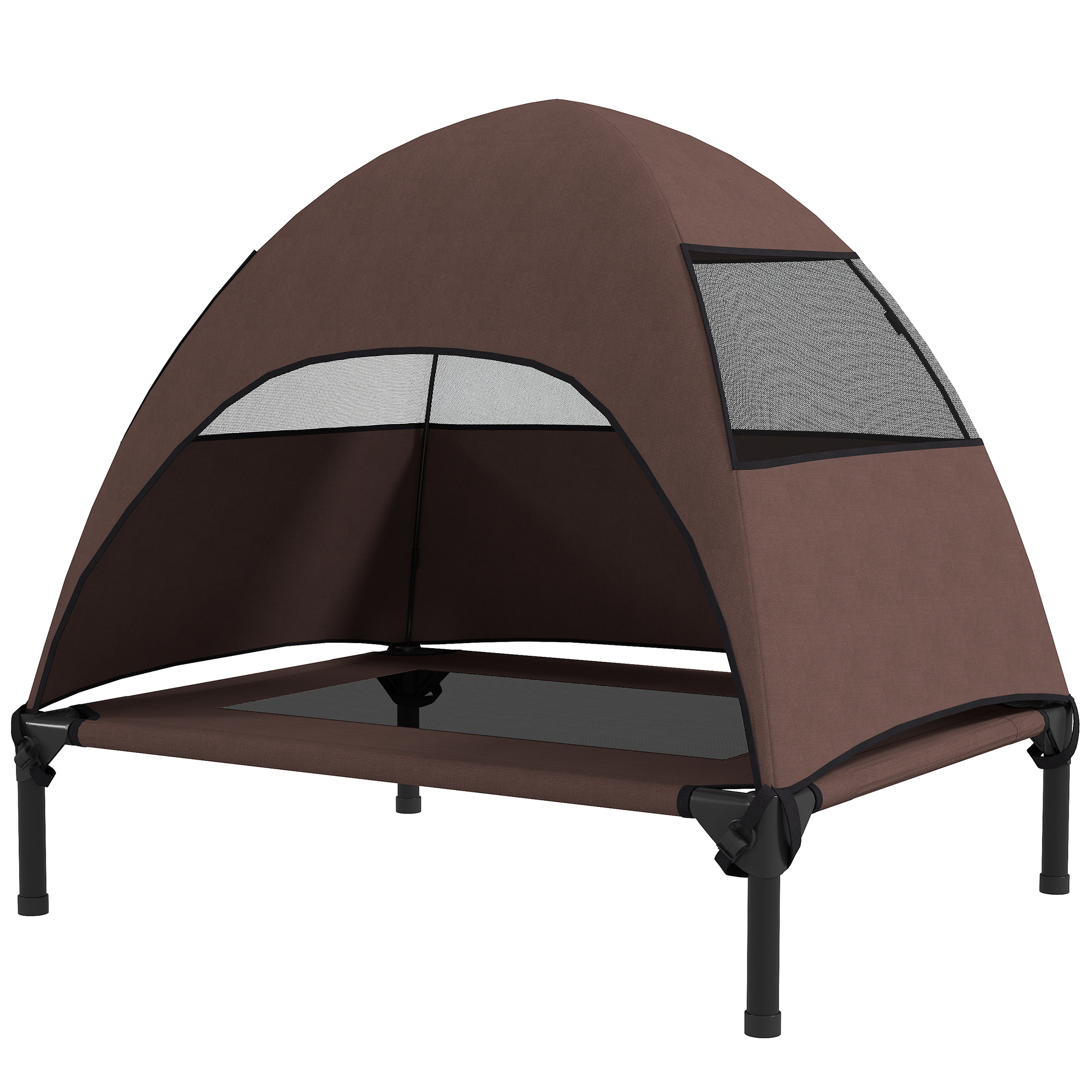 PawHut Buitenhondenligplaats met Dak, Verhoogd Hondenbed voor Middelgrote Honden, 76 x 61 x 71cm, Koffie