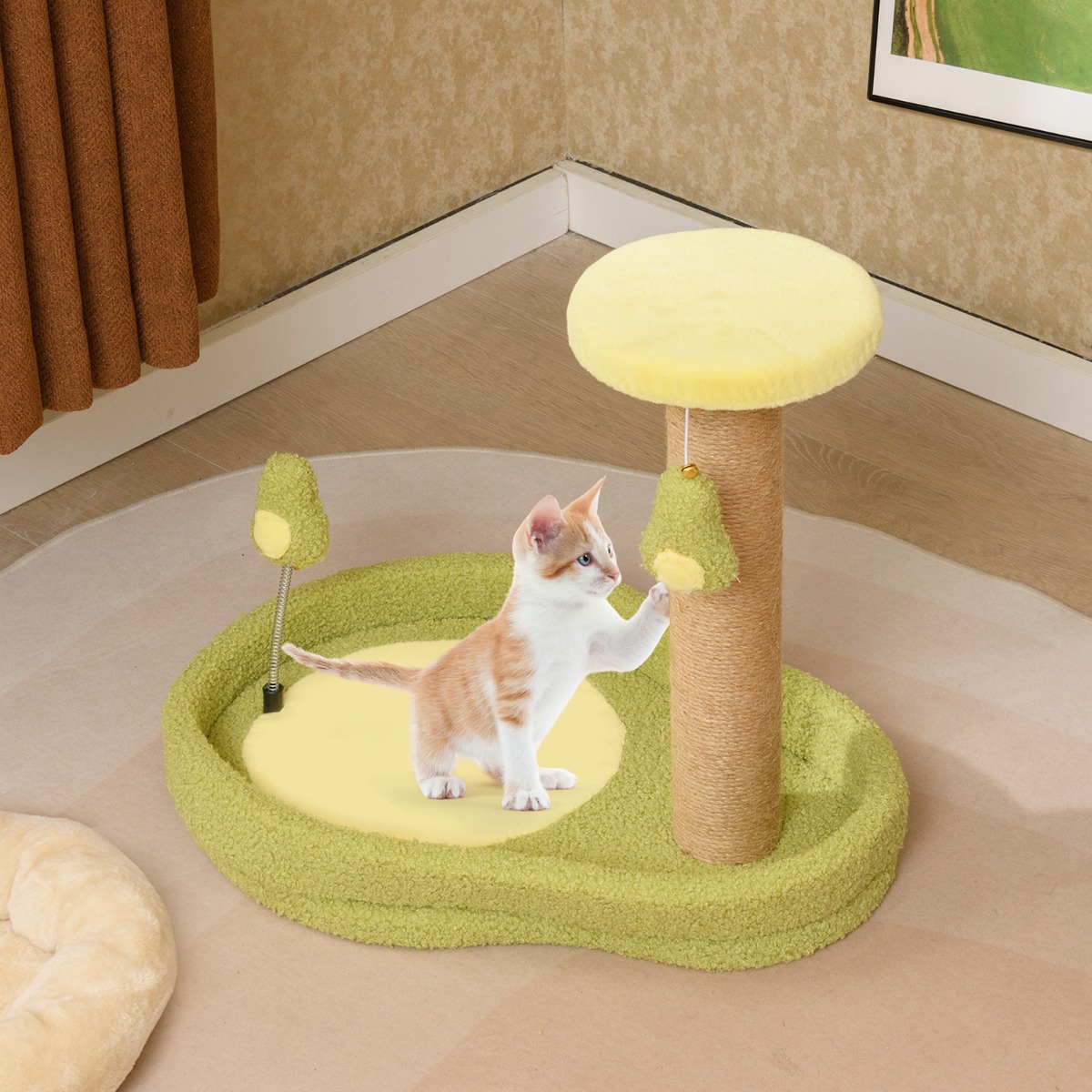 Costway Kattenbed met Avocado-Thema Gevoerde Zitstok Veerspeelgoed Jute Krabpalen Brede Antislipbodem en Klimrek voor Katten
