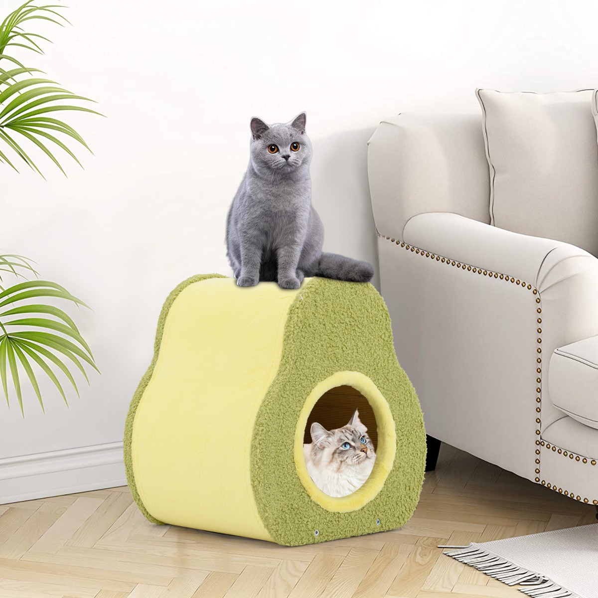 Costway Kattenhuis in Avocadovorm Schattig Kattenhuisje met Jute Krabpaal Rond Kattengat Compact Huisje met Krabpaal voor Binnenkatten