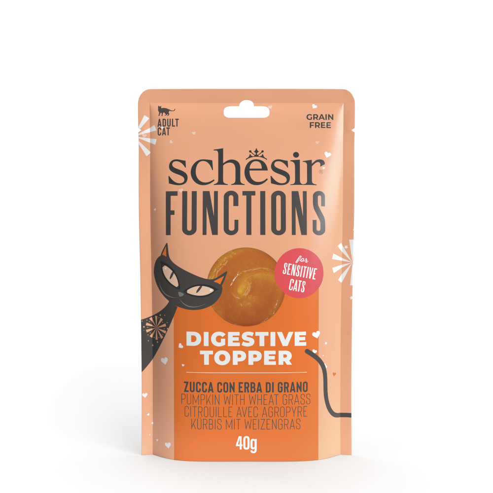 Schesir 12x40g Pompoen met tarwegras  Functions Digestive Topper natvoer voor katten