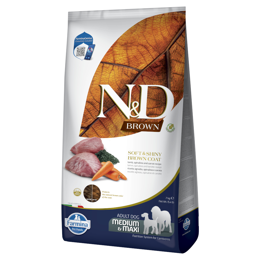 N&D Dog 7kg  Brown Adult Medium & Maxi met lam, wortel & Spirulina droog hondenvoer