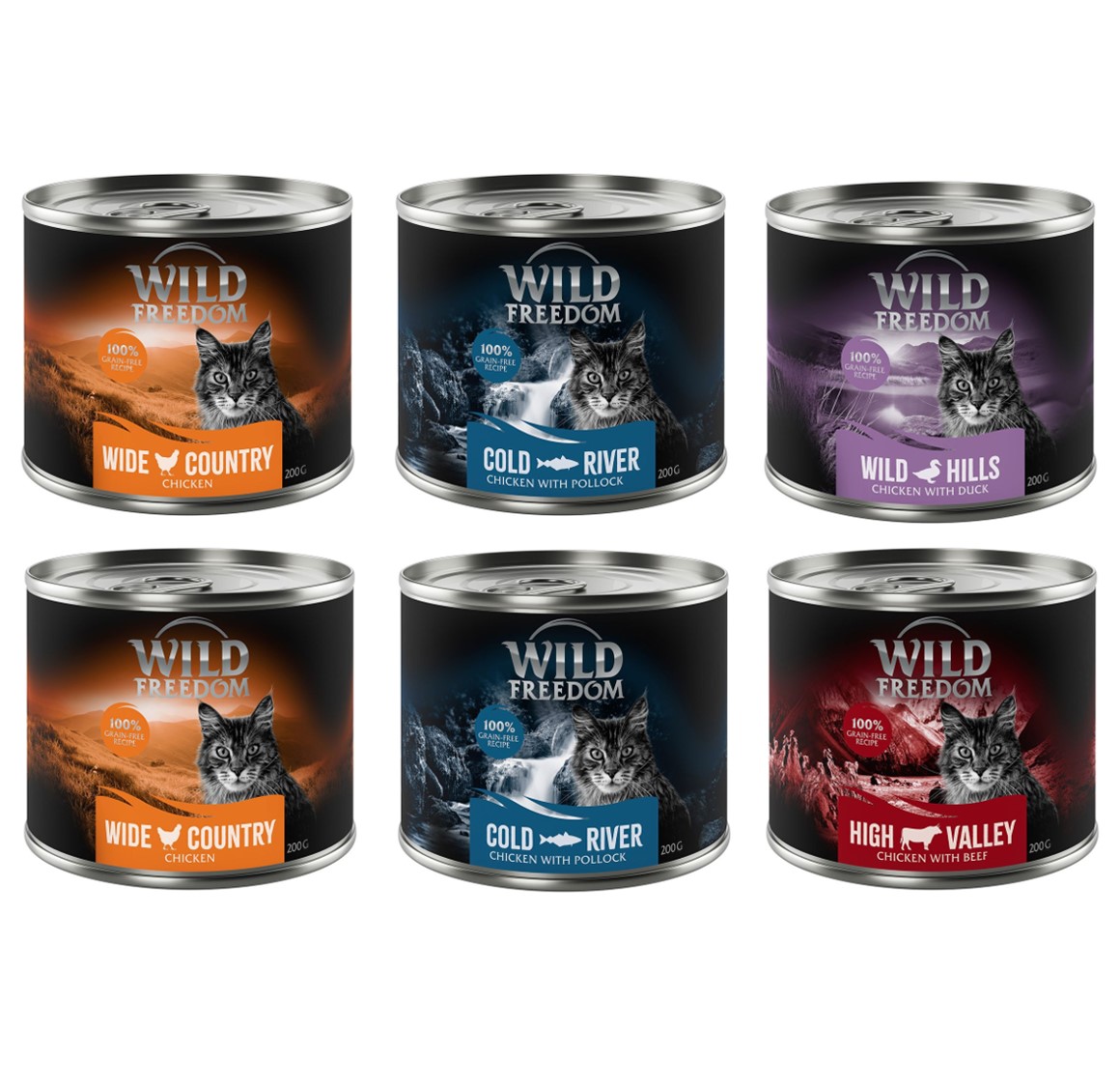 Wild Freedom 6x200g  Katten Natvoer - Mixpakket 2: Kip, Koolvis, Rundvlees, Eend