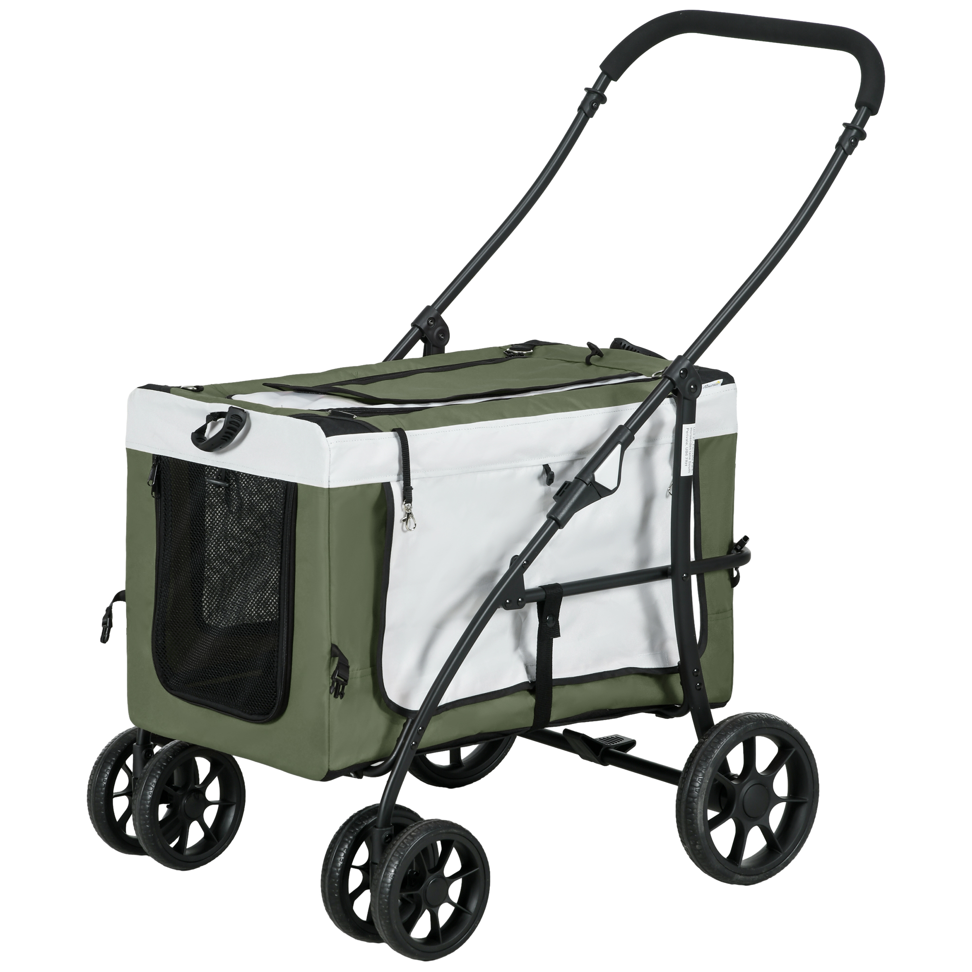 PawHut Huisdierenbuggy voor Honden en Katten, Opvouwbaar, Afneembare Mand, 81 x 58 x 97,5 cm, Zwart+Donkergroen+Wit