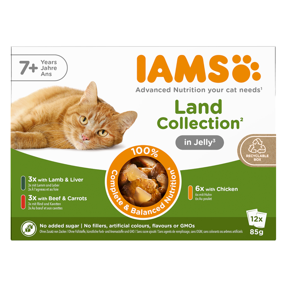 Iams 12x85g  Advanced Nutrition Senior 7+ Land Collection in gelei nat kattenvoer
