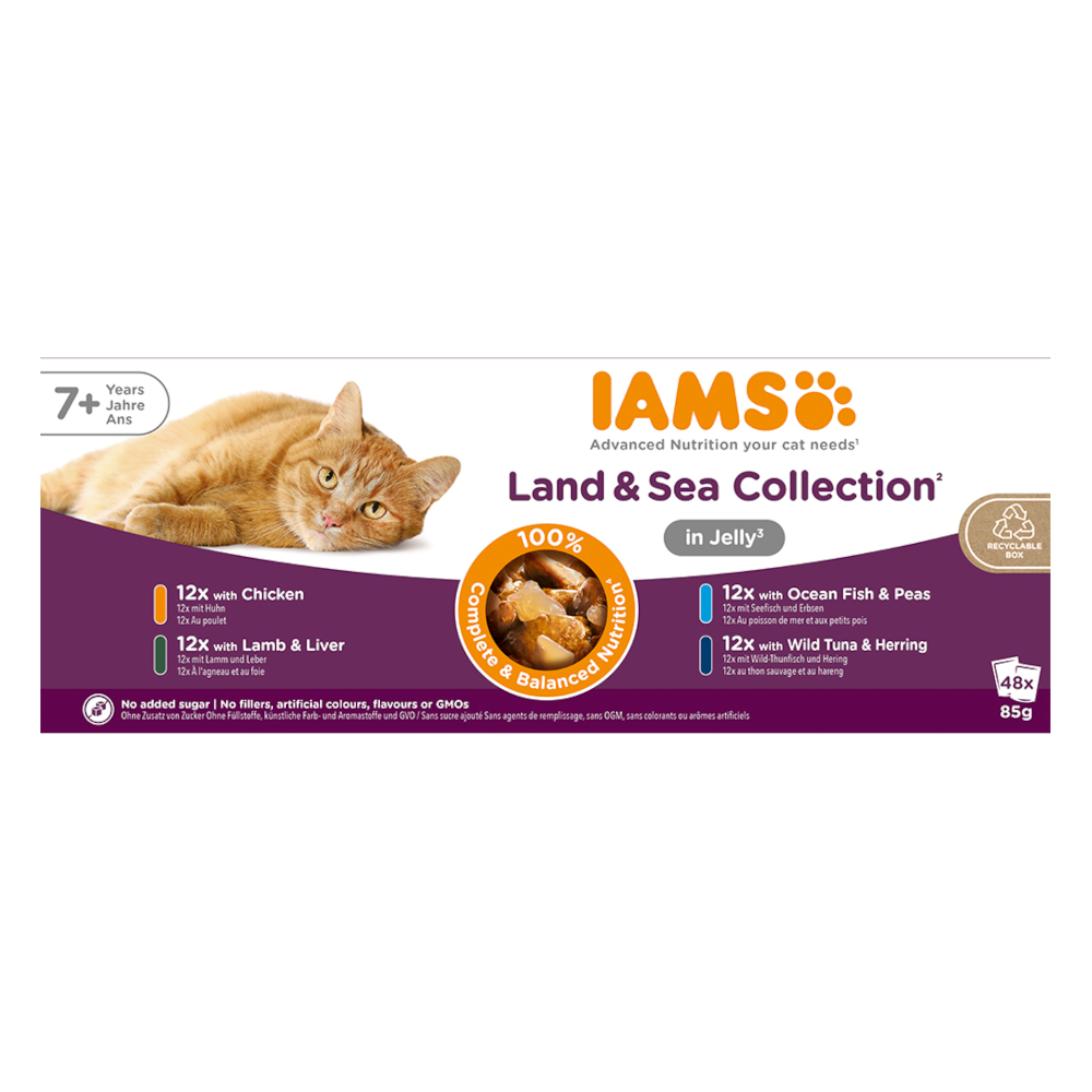 Iams 48 x 85g  Advanced Nutrition Senior 7+ Land & Zee Collectie in gelei nat kattenvoer