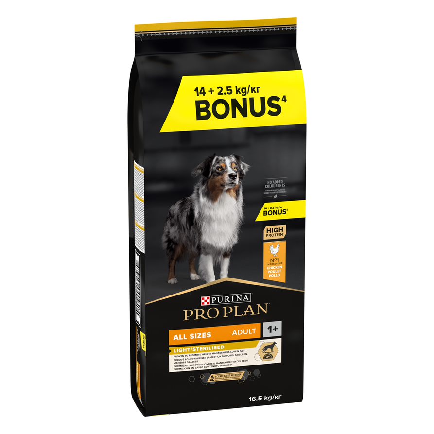 Pro Plan 14 kg + 2,5 kg gratis Purina  honden droogvoer - All Size Adult Light/Sterilised Optiweight - Kip & Rijst (16,5 kg)