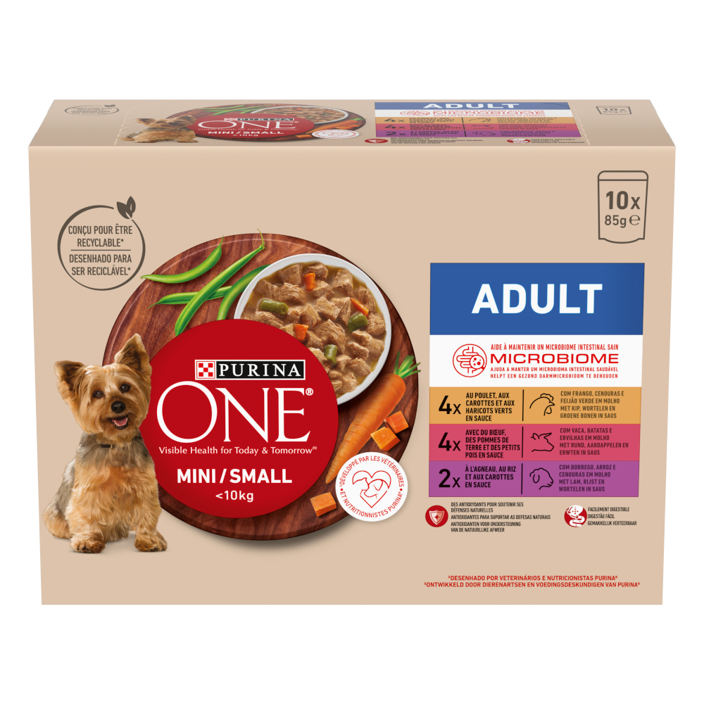 Purina One Dubbelpak: 20 x 85 g  Mini Adult Kip, Rund & Lam nat hondenvoer
